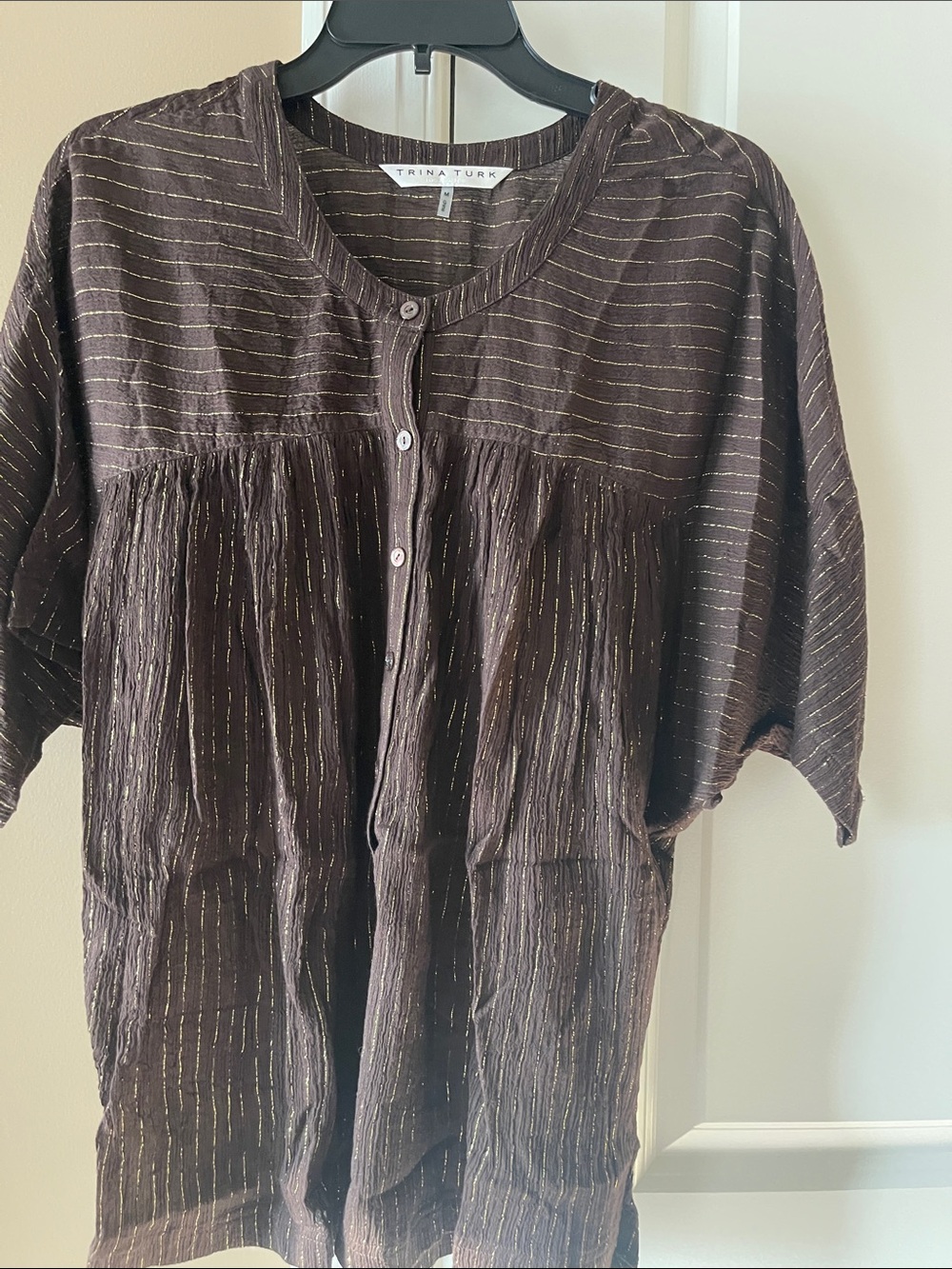 Trina Turk Brown Top with Gold Metallic Pinstripes